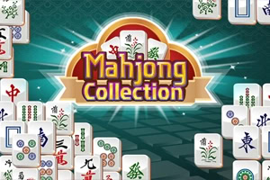 Mahjong Collection logo surrounded by illustrated mahjong tiles on a teal patterned background with glowing rays