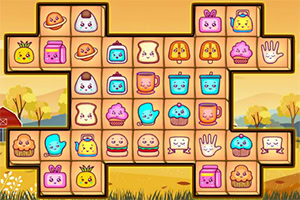 Colorful cartoon animal and object tiles arranged in a grid over an autumn landscape background