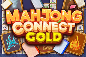Colorful Mahjong Connect Gold title in large orange and yellow letters surrounded by stacked mahjong tiles and decorative game boards with blue and orange symbols