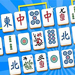 A colorful arrangement of traditional tiles featuring various symbols, including dots, circles, and characters, set against a bright blue background with sunburst graphics