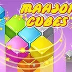 A colorful graphic featuring stacked cubes in various shades of blue, green, pink, and yellow, with the title Mahjong Cubes prominently displayed against a vibrant purple background