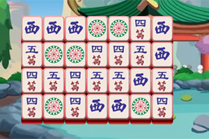 A colorful Mahjong tile set displayed in a grid, featuring Chinese characters and decorative patterns against a serene garden background