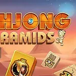 A colorful game title screen featuring Mahjong Pyramids, set against a desert landscape with pyramids, including themed tiles like Egyptian symbols and a playful tiger design