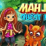 A colorful cartoon image featuring a girl with long hair and a playful orange cat, set in a vibrant forest with mushrooms and gems, accompanied by the title Mahjong Quest Mania