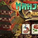 The image features the title Mahjong Quest set against a serene background of a traditional Asian pagoda and fall foliage, accompanied by decorative Mahjong tiles depicting a peacock and flowers