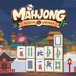 The image features a colorful graphic for a game titled Mahjong Restaurant, showcasing Mahjong tiles against an illustrated backdrop of traditional East Asian architecture and buildings