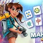 A young woman with a camera, wearing a flannel shirt and backpack, stands in a cityscape, surrounded by colorful Mahjong tiles and the title Mahjong Story