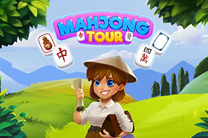 Smiling cartoon woman in a white shirt and brown hat holding a Mahjong tile and a map, with colorful logo text above and green hills and mountains in the background