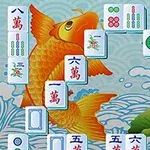 The image features a Mahjong layout set against a decorative background with a golden koi fish and lotus flowers, showcasing various Mahjong tiles arranged in a swirling pattern