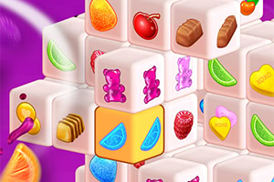 A colorful 3D arrangement of Mahjong tiles featuring various sweets and fruit illustrations set against a vibrant purple background