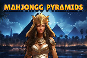 Egyptian queen in a gold headdress standing before moonlit pyramids and palm trees