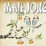 The image features the word MAHJONGG in a stylized font above a watercolor illustration of two blue birds perched on a branch with green leaves and orange fruit