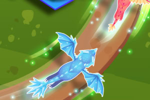 A vibrant digital illustration featuring two mythical creatures, one blue with wings and the other red, gliding along a winding path surrounded by a lush green background