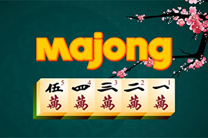 A colorful graphic featuring the word Majong in bold letters, accompanied by five tiles displaying various symbols, set against a dark green background with a cherry blossom branch