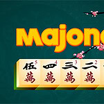 A colorful graphic featuring the word Majong in bold letters, accompanied by five tiles displaying various symbols, set against a dark green background with a cherry blossom branch