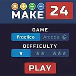 An interactive game screen titled MAKE 24, featuring options for game mode (Practice or Arcade), difficulty levels, and a prominent PLAY button