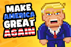 A pixelated character with blonde hair and a blue suit stands against a bright yellow background, accompanied by bold text that reads MAKE AMERICA GREAT AGAIN in red, white, and blue letters