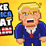 A pixelated character with blonde hair and a blue suit stands against a bright yellow background, accompanied by bold text that reads MAKE AMERICA GREAT AGAIN in red, white, and blue letters