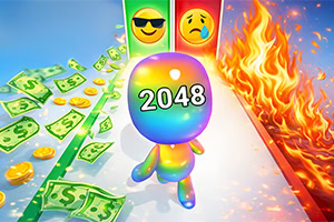 Rainbow 3D character with 2048 on its head running between flying money and flames under emoji signs