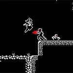 A dynamic black-and-white 8-bit style game scene featuring a character jumping above enemies, with a moon in the background and a pixelated platform structure