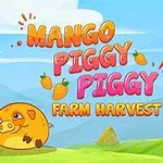 A colorful cartoon-style illustration featuring a cute pig character with a mango, set in a vibrant farm landscape, accompanied by the title Mango Piggy Piggy Farm Harvest in playful lettering