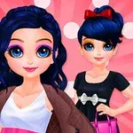 The image features two animated characters with dark blue hair and large, expressive eyes, set against a pink, polka-dotted background; one character is styled in a casual outfit with a sweater, while the other wears a black dress with a bow