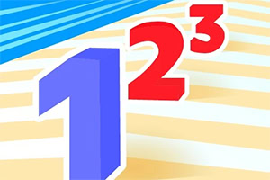 Large blue number 1 with red numbers 2 and 3 on a yellow striped background