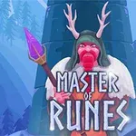 The image features a character with antlers and a colorful outfit, holding a spear, in front of a snowy landscape and a tower, with the title Master of Runes prominently displayed