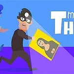 An animated thief in a mask is running with a stolen painting, while a police officer pursues him, set against a colorful background with the text Master Thief