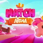 A colorful and whimsical illustration featuring a cute, crowned pig character with a wand, set against a vibrant landscape with pink hills and a blue sky, representing the mobile game Match Arena