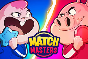 Two cartoon characters, a pink pig and a pink-haired girl, face off against each other with determined expressions, set against a vibrant background of blue and red, with a prominent logo reading MATCH MASTERS in the center