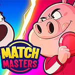 Two cartoon characters, a pink pig and a pink-haired girl, face off against each other with determined expressions, set against a vibrant background of blue and red, with a prominent logo reading MATCH MASTERS in the center