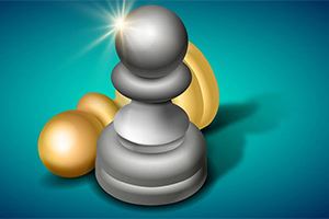 A shiny silver pawn surrounded by gold and light-colored pawns, set against a blue-green background