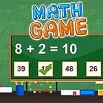 A colorful math game image featuring a chalkboard with the equation 8 + 2 = 10, a green checkmark, and multiple answer options: 39, 1, 48, and 26, set against a background of shapes