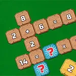 A colorful game board featuring arithmetic equations made of wooden tiles, including addition and multiplication, against a green background, with numbers and symbols prominently displayed