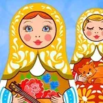 A colorful illustration of two Russian nesting dolls (matryoshka), one holding a bouquet of flowers and the other cradling a cat, set against a light blue background