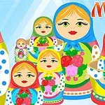 A colorful illustration featuring a set of Russian matryoshka dolls (nesting dolls) in various sizes, showcasing traditional floral patterns and vibrant colors against a light blue background