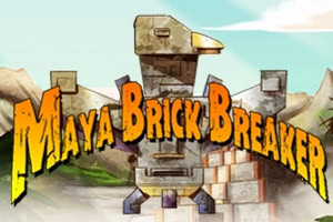 Colorful cartoon stone totem statue in a desert landscape with large graffiti-style text reading Maya Brick Breaker across the center