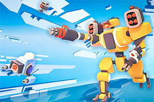 A brightly colored, stylized robot wielding a large cannon stands in a dynamic pose against a blue and white abstract background, accompanied by smaller robots flying in the air