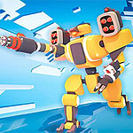 A brightly colored, stylized robot wielding a large cannon stands in a dynamic pose against a blue and white abstract background, accompanied by smaller robots flying in the air