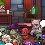 A colorful, animated scene featuring a diverse group of fantasy creatures, including goblins and skeletons, gathered in a tavern-like setting with a bearded elder character serving drinks in the background