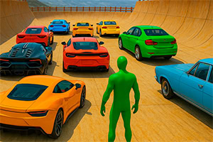 A green humanoid figure stands among a lineup of colorful sports cars on a wooden ramp