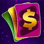 A vibrant graphic featuring three colorful cards with a prominent dollar sign symbol, set against a starry purple background