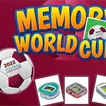 A colorful graphic featuring the title Memory World Cup with a soccer ball, surrounded by logos of national teams, highlighting the 2022 football championship