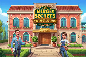 Two cartoon hotel staff standing in front of a brick hotel entrance with a large Merge & Secrets: The Imperial Hotel sign above the doorway