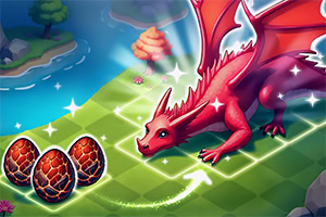 A vibrant red dragon is poised on a green grid-like terrain with three egg-shaped objects nearby, surrounded by a tranquil landscape featuring water and trees, along with sparkling effects indicating movement or interaction