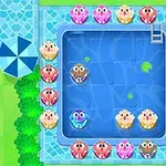 A colorful game scene featuring a swimming pool surrounded by cute cartoon characters, with some character figures sitting around the pools edge and one in the water