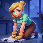 Merge Haven A young woman with blonde hair is kneeling on the floor, wearing gloves and a green shirt, cleaning with a cloth, while looking intently ahead in a softly lit room