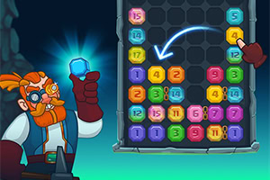 A cartoon dwarf character holding a blue gem next to a colorful puzzle board filled with numbered tiles and an arrow indicating a move