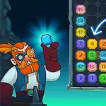 A cartoon dwarf character holding a blue gem next to a colorful puzzle board filled with numbered tiles and an arrow indicating a move